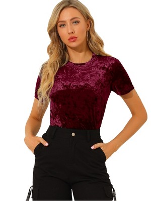 INSPIRE CHIC Women's Velvet Crew Neck Short Sleeve Casual Blouse