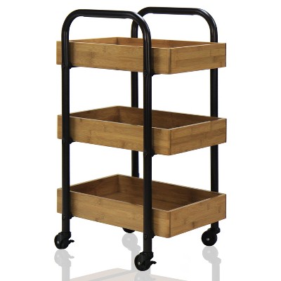 Black and Natural Bamboo 3-Tier Portable Storage Cart