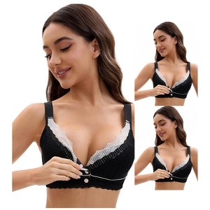 INSPIRE CHIC Front Closure for Women's Lace Full Coverage V Neck Wirefree Adjustable Straps Bras 3 Packs - 1 of 4