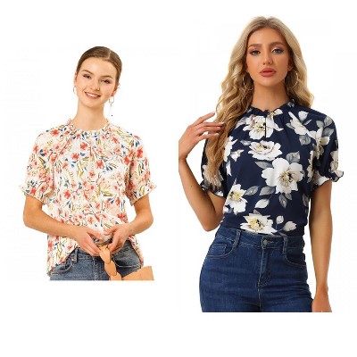 Allegra K Women's Short Sleeve Ruffled Floral Mock Neck Summer Top 2 Pcs