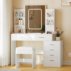Vanity Desk with Mirror, LED Lights, Power Outlet, Makeup Vanity Table with 6 Drawers and 6 Storage Shelves - 1 of 4
