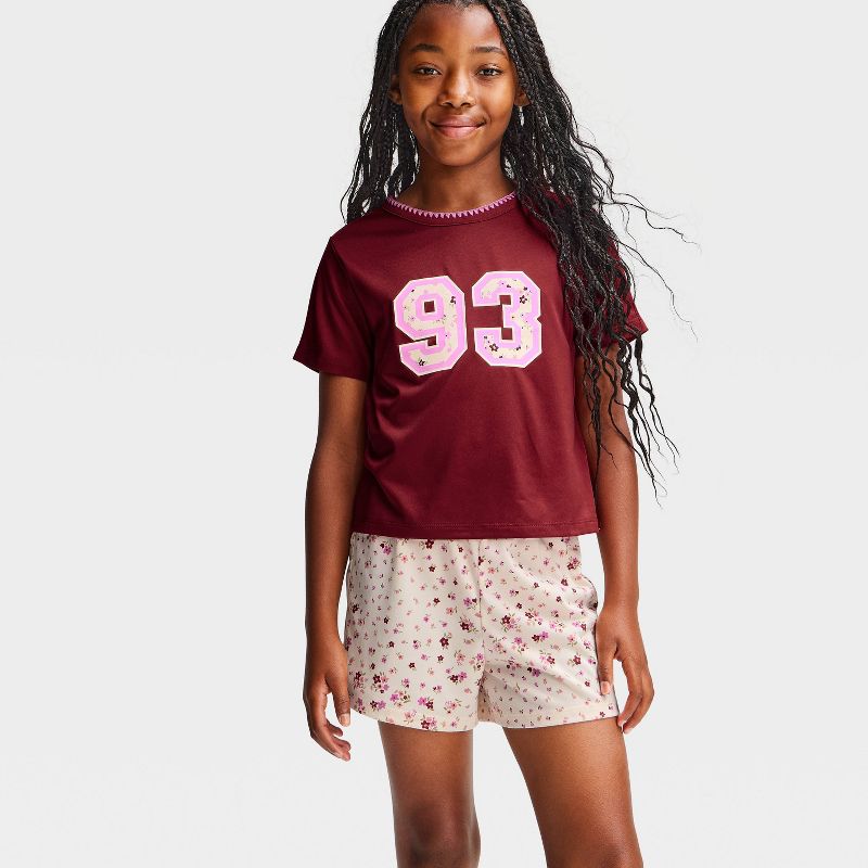 Girls' 2pc "93" T-Shirt and Shorts Pajama Set - Cat & Jack™ Burgundy/Cream XS