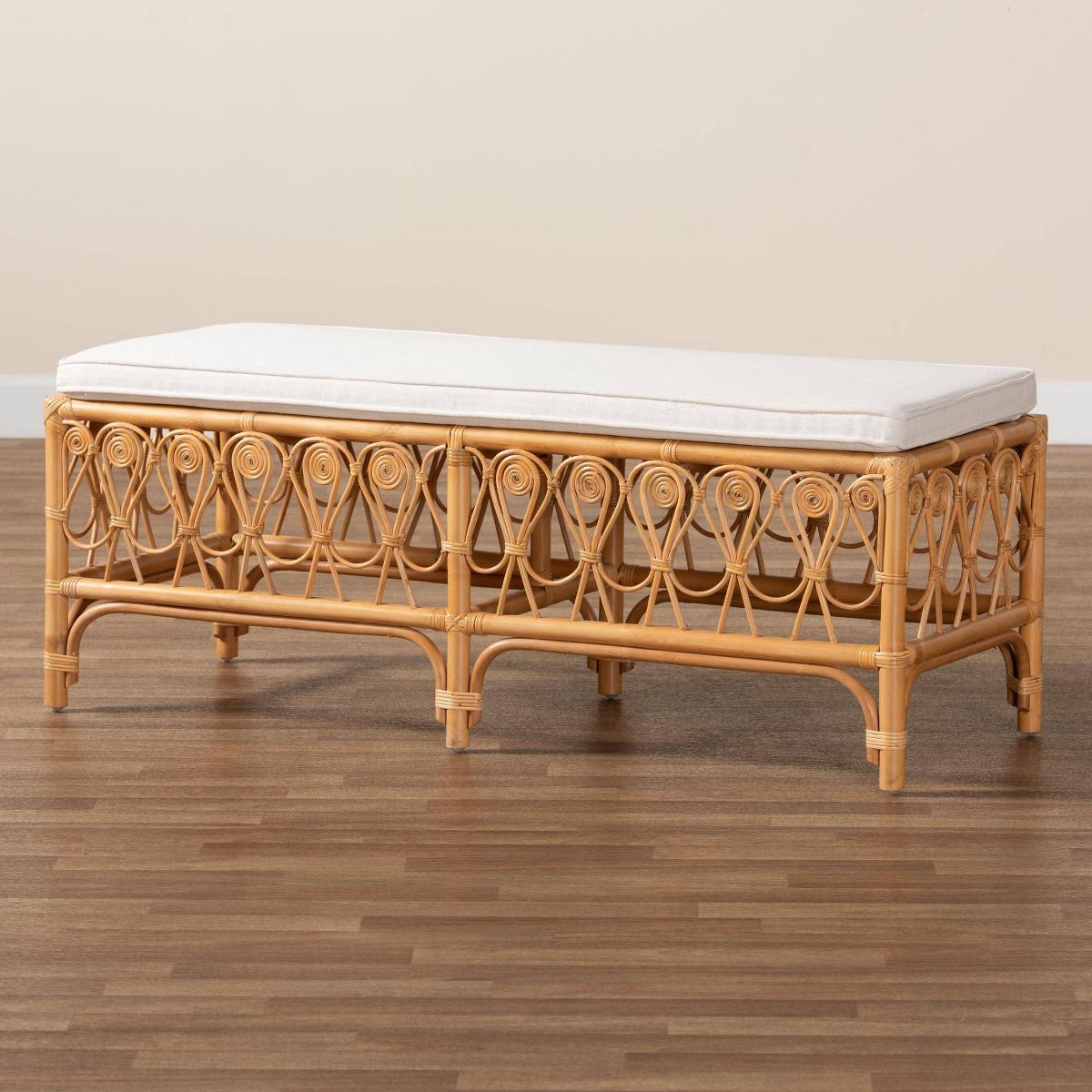 bali & pari Ibiza Rattan Bench White/Light Honey: Handcrafted, Plush Cushion, No Assembly Required - thumbnail 7