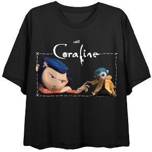 Coraline & Coraline Doll Women’s Black Crew Neck Short Sleeve Crop Top - 1 of 4