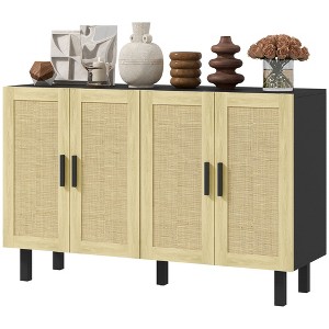 Yukimo Modern Buffet Cabinet, 4 Rattan Doors with Adjustable Shelves, Black and Natural - 1 of 4
