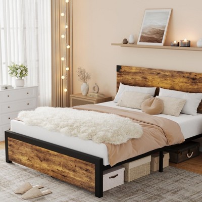 Homhougo Full Size Bed Frame with Wood Headboard, Full Platform Bed Frame Brown