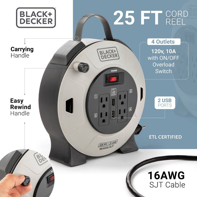 BLACK+DECKER 25&#39; Cord Reel 16AWG 4 Outlets + 2 USB, 3 of 8