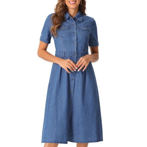 Allegra K Women's Collared Short Sleeve A-Line Button Up Midi Denim Dress  Blue X-Small