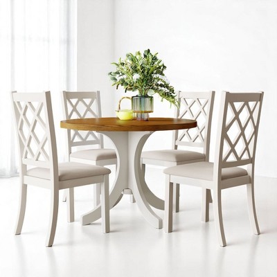 Mid-Century 5-Piece Solid Wood Round Dining Table Set with 4 Upholstered Chairs for Small Spaces, Kitchen or Dining Room