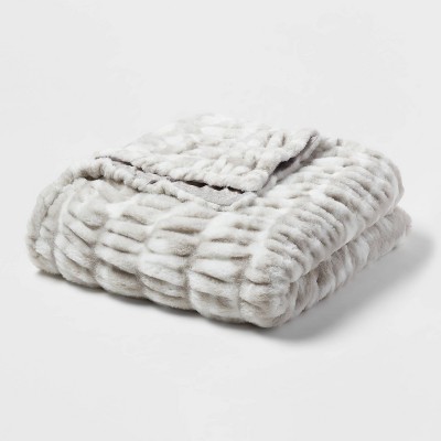 Ruched Faux Fur Bed Throw Ivory/Gray - Threshold™