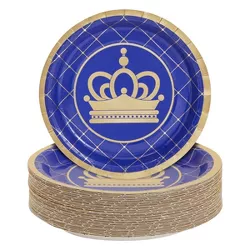 Blue Panda 50 Pack Royal Blue Gold Foil Paper Party Plates for Royal Prince Baby Shower Decorations, 7 In