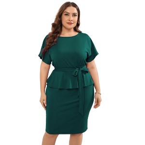 YESFASHION Women Plus Size Bodycon Elegant Midi Dress Peplum Business Work Office Sheath Pencil Cocktail Party Dress with Belt - 1 of 4