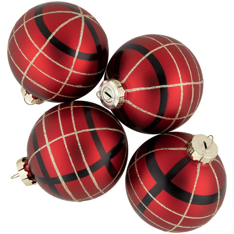 Northlight 4ct Red, Black and Gold Plaid Glass Ball Christmas Ornaments 3.25", 1 of 4