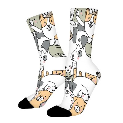 Cute Doodle Dogs Women Printed Crew Socks Funny Funky Socks Soft Polyester Novelty Gifts for Artists Men