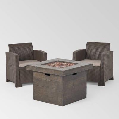 Bedrock 3pc Faux Wicker Chat Set with Fire Pit - Brown/Beige - Christopher Knight Home