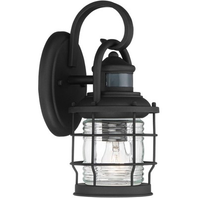 John Timberland Nautical Outdoor Wall Light Fixture Textured Black Cage 12" Clear Ribbed Glass Motion Security Sensor for House Deck Porch