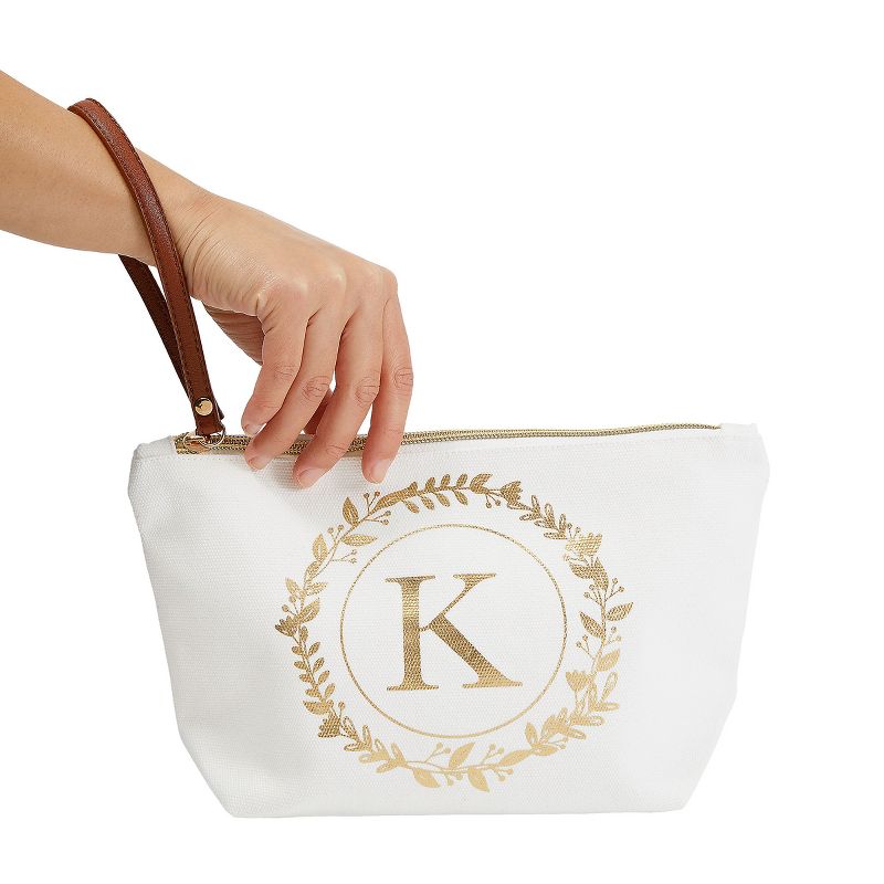 Gold Initial K Personalized Makeup Bag for Women, Monogrammed Canvas Cosmetic Pouch (White, 10 x 3 x 6 In), 3 of 9