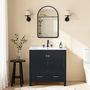 Wooakway Black Solid Wood Frame Bathroom Vanities with Arched Mirror Cabinet Soft-Close Doors Drawer Integrated Sink Storage Cabinet for Bathroom - 1 of 4
