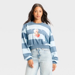 Women's Strawberry Shortcake Striped Cropped Fleece Graphic Sweatshirt - Light Blue - 1 of 3