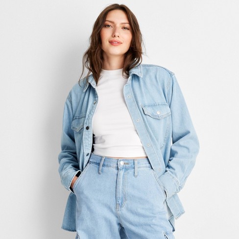 Women's Oversized Long Sleeve Collared Button-down Denim Shirt