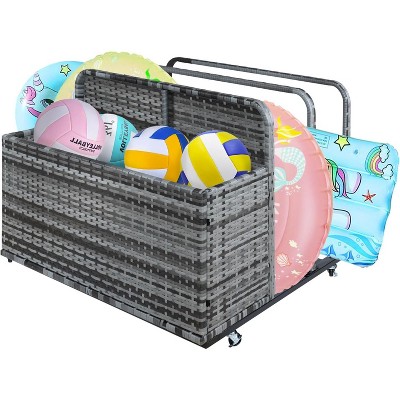 Pool Storage Bin - Outdoor Caddy w/Wheels for Toys, Floaties, Noodles, Towels & Life Vests, PE Rattan Design, Poolside Organizer