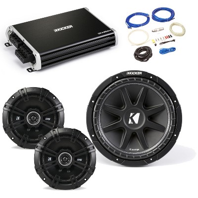 Kicker 43C124 12” Comp Subwoofer, 43DSC6504 6.5” DS-Series Speakers with 43DXA2504 DX-Series Amplifier and wire kit