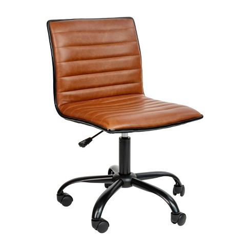 Brown Leather Office Chair Swivel Desk Chair Low Back Armless Chair w/Wheels 