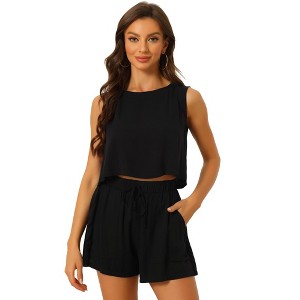 Allegra K Women's Casual Round Neck Sleeveless Top and Shorts with Elastic Waist Set - 1 of 4