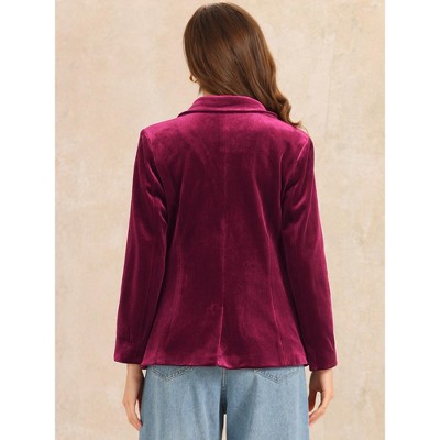 Allegra K Women's Notched Lapel Button Front Long Sleeve Double Breasted Velvet Blazer Dark Red X-Small — фото 5