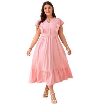 YESFASHION Plus Size Summer Dress for Women Ruffle Sleeveless V Neck Button Down Casual Wedding A Line Maxi Dresses with Pockets