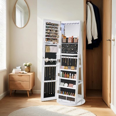 SONGMICS 6 LEDs Lockable Mirror Jewelry Cabinet, Jewelry Organizer, Standing Jewelry Armoire, Frameless Full-Length Mirror, 3 Storage Shelves