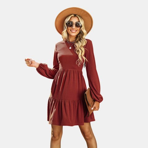 Женские платья Cupshe Women's Red/Green Festive Ribbed Tiered Babydoll Long Balloon Sleeves Dress-XL-Red