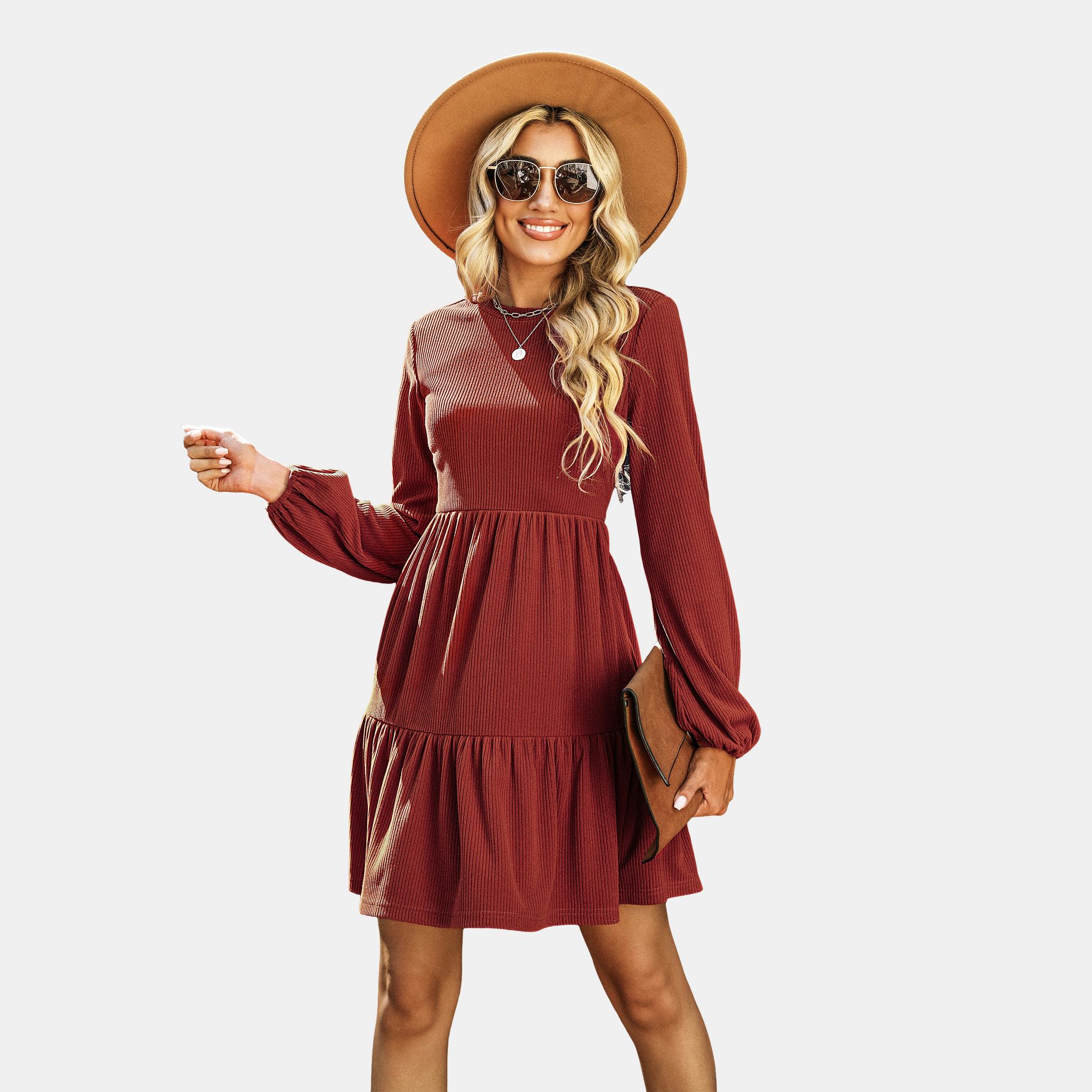 Women's Red/Green Festive Ribbed Tiered Babydoll Long Balloon Sleeves Dress - Cupshe-S-Red