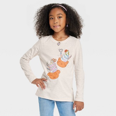 Girls' 'Bear Ice Cream' Long Sleeve Graphic T-Shirt - Cat & Jack™ Oatmeal Heather
