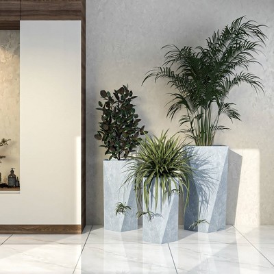 LeisureMod Aloe 3-Piece Tapered Square Stone Planter Set with Drainage Holes, Weather-Resistant for Indoor/Outdoor Use