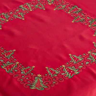 Red Christmas Tree Design Polyester Tablecloth with Gold Stars