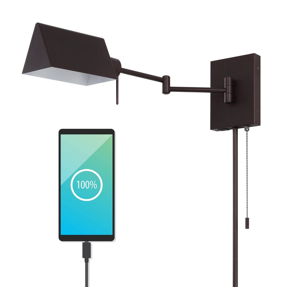 22" 1-Light Arlo Farmhouse Swing Arm Wall Sconce with USB Port Bronze - JONATHAN Y: LED Edison, Rotating Shade