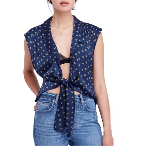 Free People Womens Printed Tie Front Sleeveless Blouse Top, Blue, X-Small - 1 of 1