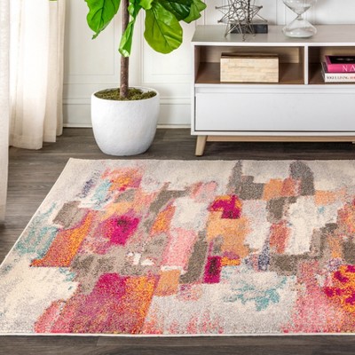 8' x 10' Ivory and Pink Abstract Brushstroke Synthetic Area Rug
