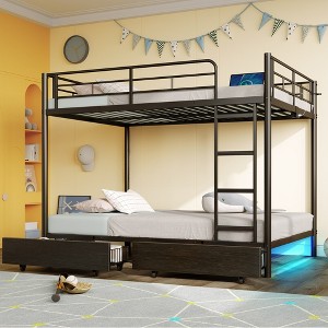 Greenstell Metal Bunk Bed Full Over Full Bed Frame with Storage Drawers & Charging Station and  LED Light ,with Safety Guardrail & Ladders Black - 1 of 4