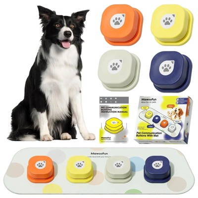 Mewoofun Pet Toy Dog Buttons for Communication, with Anti Slip Mat and Training Manual for Cats and Dogs, 4 Packs, Multi-color, 3.3"*3.3"*1.5"