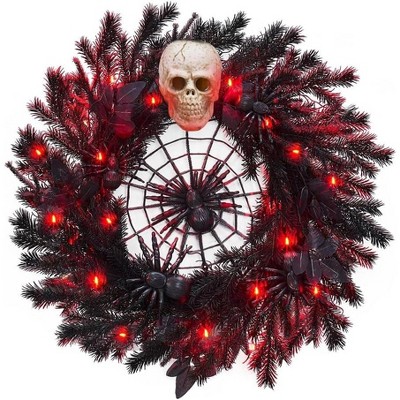 WhizMax 22” Halloween Wreath with Lights, Black Twig Wreath with Scary Skull and Spider, Artificial Halloween Party Decorations