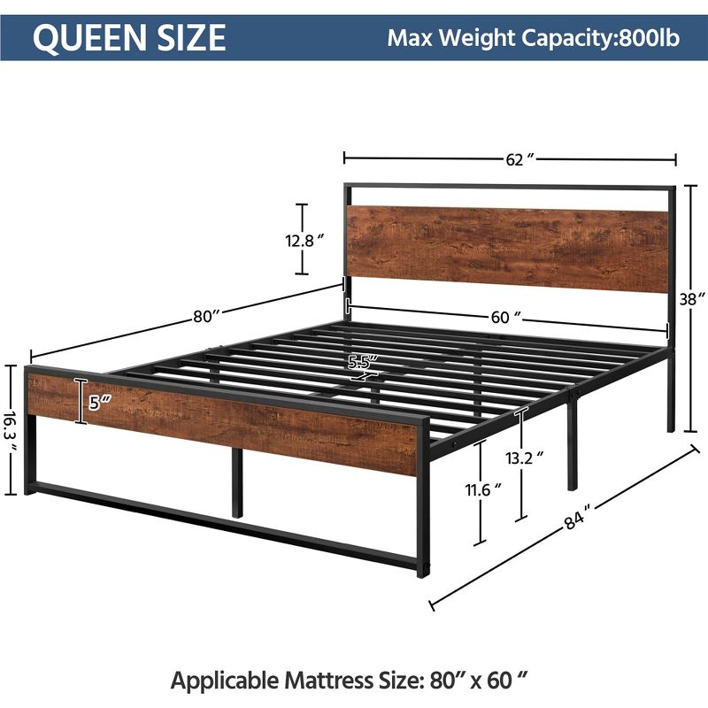 Yaheetech Rustic Metal Platform Bed with Wooden Headboard and Footboard, 3 of 8