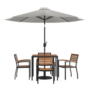 Emma and Oliver 7 Piece Patio Table Set - 4 Synthetic Faux Teak Stackable Chairs - Faux Teak Table - Umbrella with Base - 1 of 4