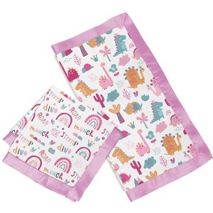 Bacati - Little Dino Rainbow Girls Muslin 2 pack Security Blankets Pink Fuchsia Orange Aqua - 1 of 4