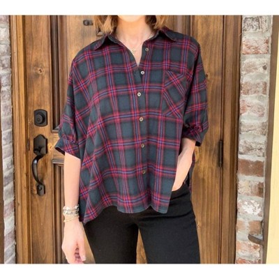 Women's Oversized Plaid Button Down Shirt - entro M