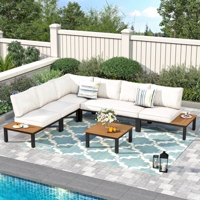 Captiva Designs 6pc Outdoor Conversation Set with Sectional Sofa Taupe Gray: Durable Patio Ensemble, Water-Resistant