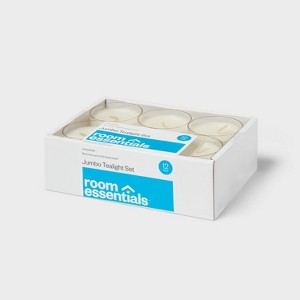 1" 12pk Unscented Jumbo Tealight Candles White - Room Essentials™: Paraffin Wax, 6.5hr Burn Time, 12ct - 1 of 3