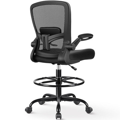 KERDOM Drafting Chair Ergonomic Tall Office Chair, Breathable Office Chair with Adjustable Footrest Ring Lumbar Support Flip-up Armrests,Black