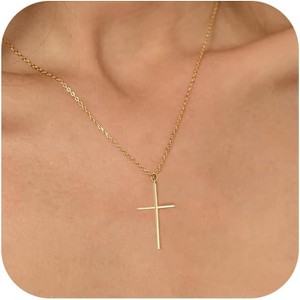 14K Gold Silver Cross Necklace Dainty Choker Non Tarnish Faith Jewelry - 1 of 4